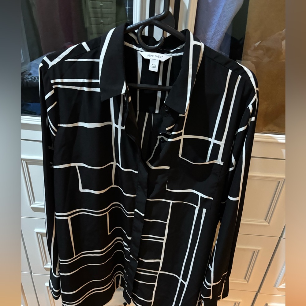 Nine West Black and White Button Down Shirt with Notched Collar